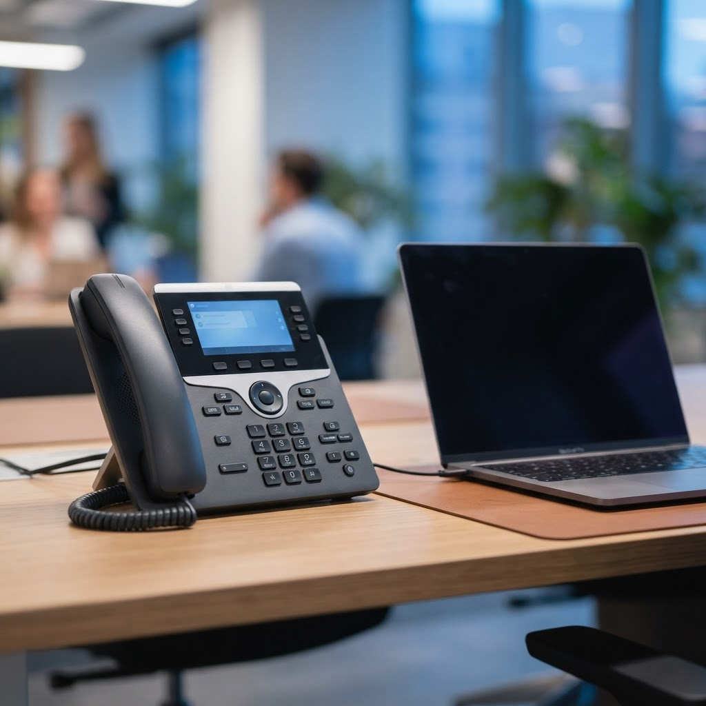 A modern VoIP desk phone on an office desk